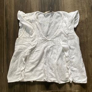 Zara linen and cotton blend top with ruffle cap sleeve detail